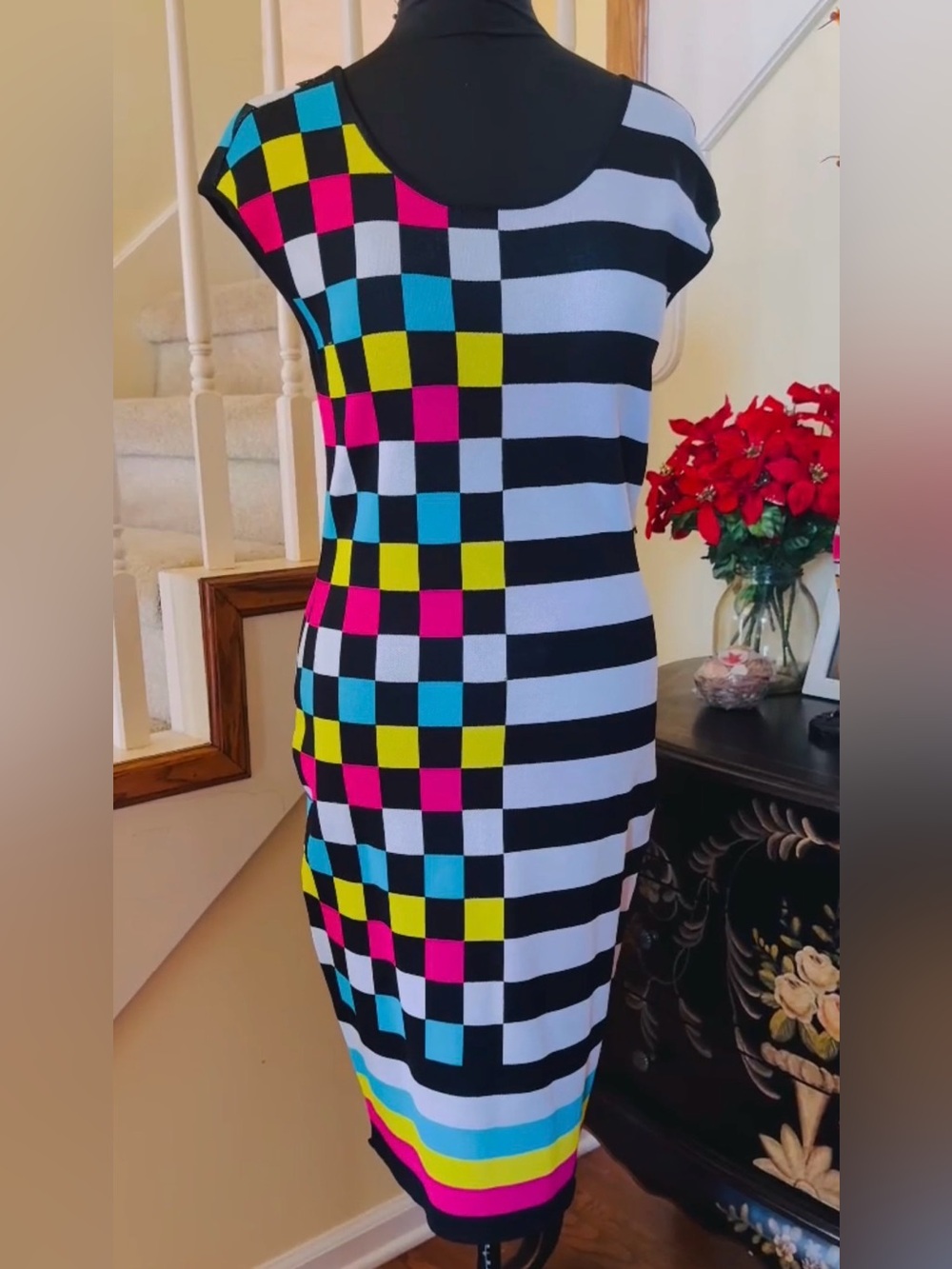 New York & Company Black and White Striped Midi Dress with Neon Checker Accents